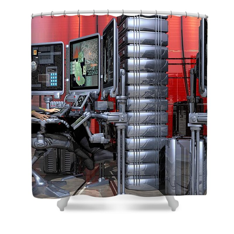 Digital Art Shower Curtain featuring the digital art 911 Console Station by Michael Wimer