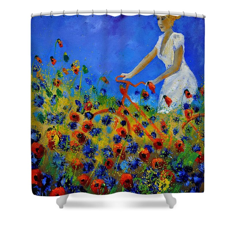 Flowers Shower Curtain featuring the painting A bicycle amid the flowers by Pol Ledent