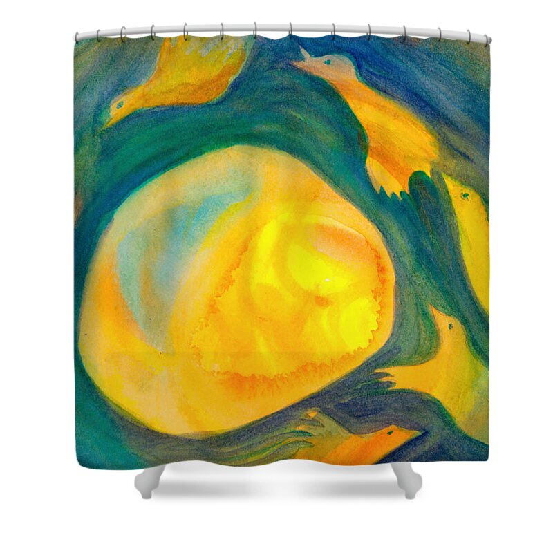Birds Shower Curtain featuring the painting A birdbell morning by Suzy Norris