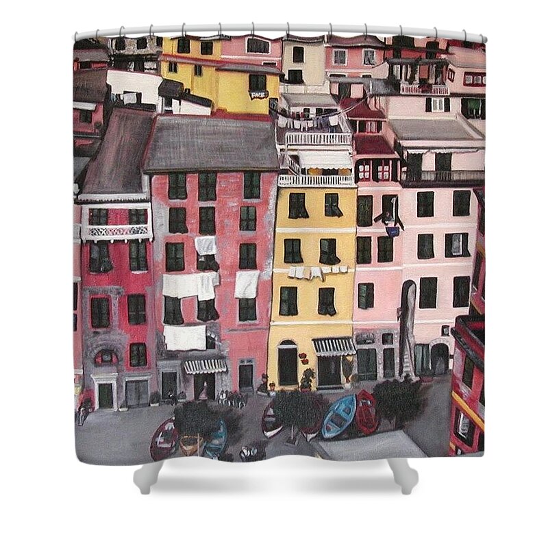 Vernazza Shower Curtain featuring the painting A Bird's Eye View of Cinque Terre by Quin Sweetman
