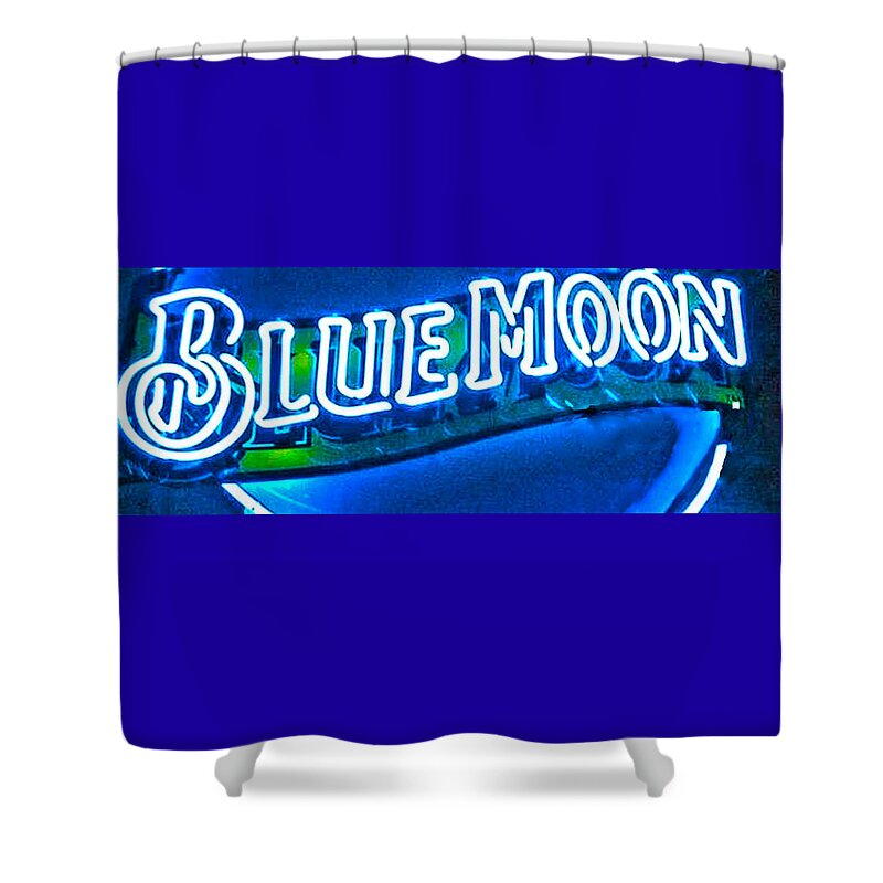 Blue Neon Lighting Shower Curtain featuring the digital art Blue Moon In An Aussie Pub by Pamela Smale Williams