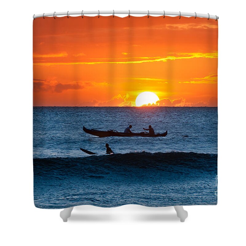 Hawaii Shower Curtain featuring the photograph A boat and surfer at sunset Maui Hawaii USA by Don Landwehrle