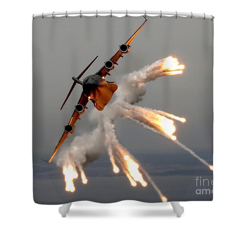 Color Image Shower Curtain featuring the photograph A C-17 Globemaster IIi Releases Flares by Stocktrek Images