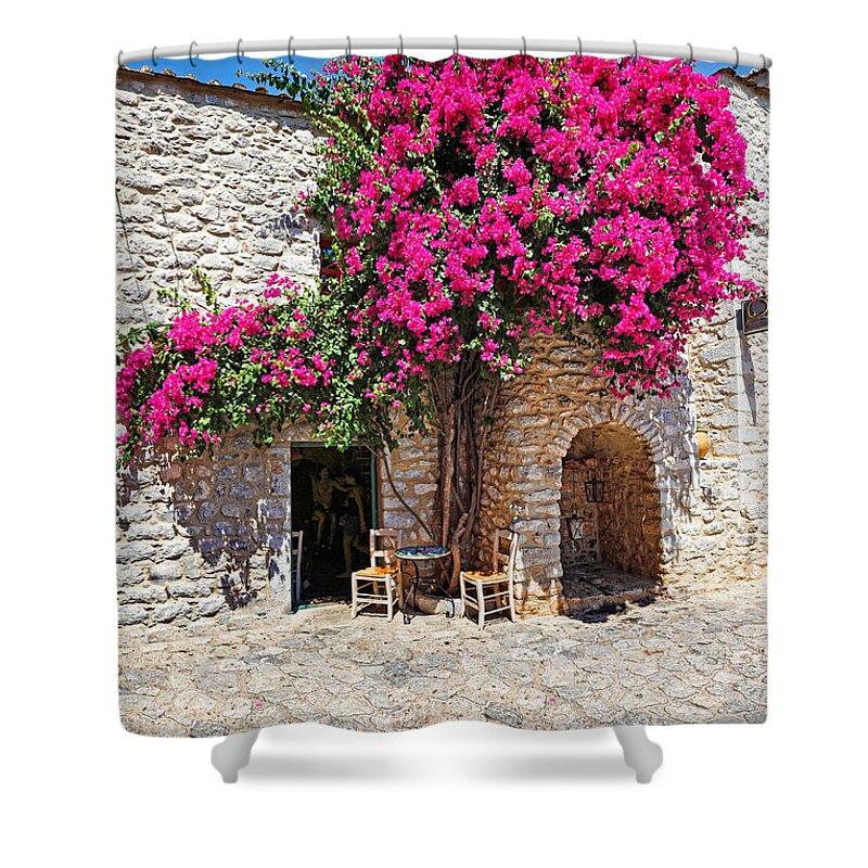 Areopolis Shower Curtain featuring the photograph A cafe in Areopolis - Greece by Constantinos Iliopoulos
