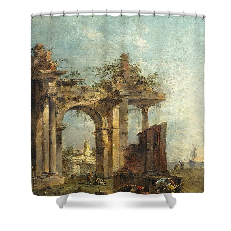 Francesco Guardi Shower Curtain featuring the painting A Caprice with Ruins on the Seashore by Francesco Guardi