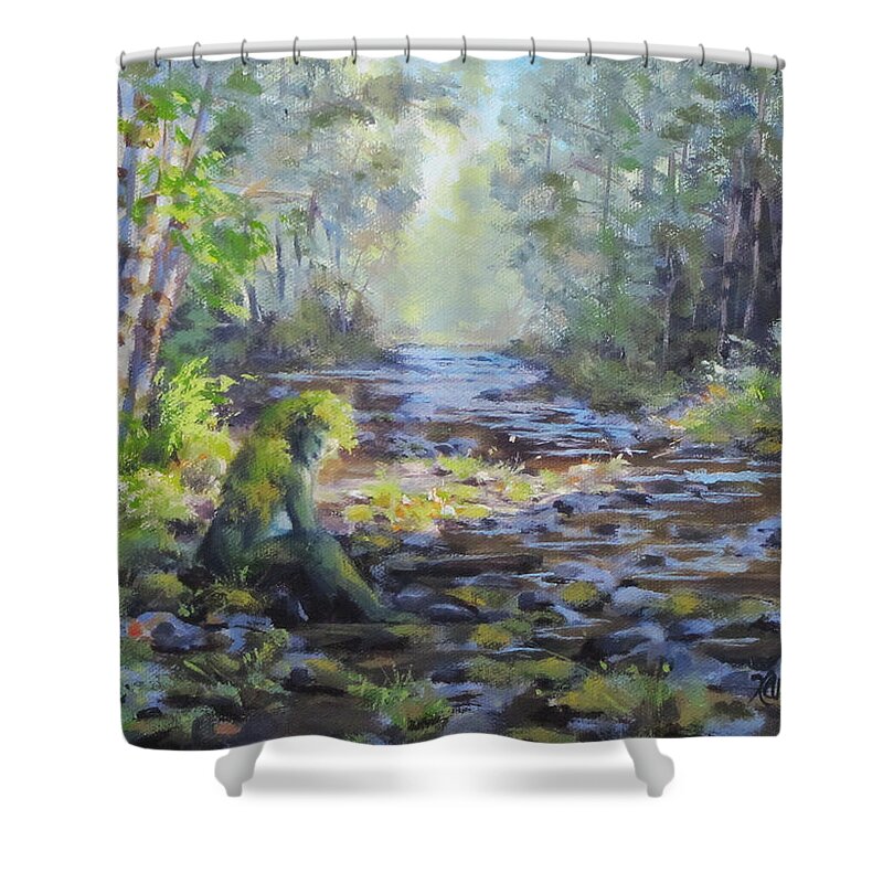 Original Shower Curtain featuring the painting A Chance Encounter with Mossman by Karen Ilari