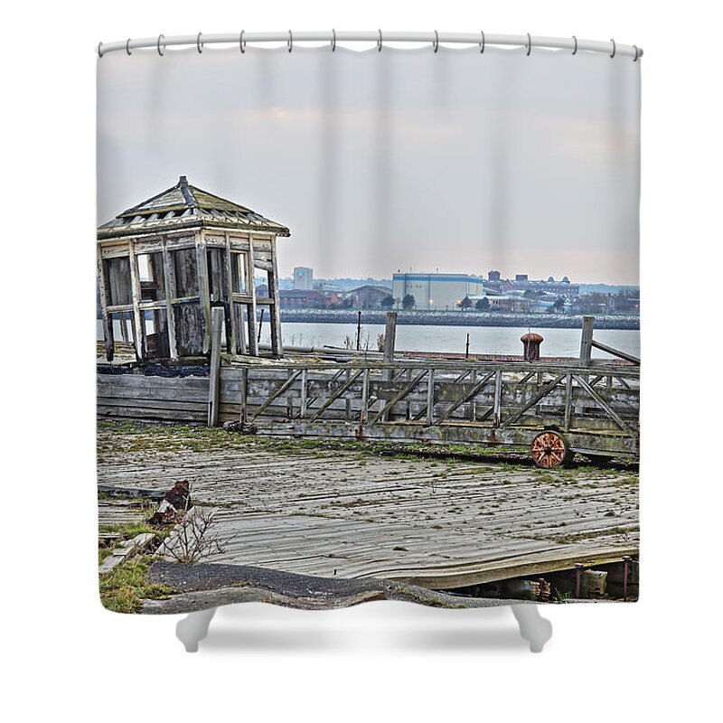 Quay Shower Curtain featuring the photograph A derelict kiosk on a disused quay in Liverpool by Tony Mills