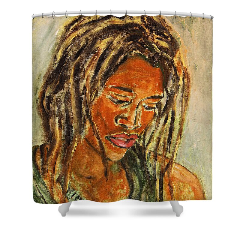 Portrait Shower Curtain featuring the painting A Female Sax Player by Xueling Zou
