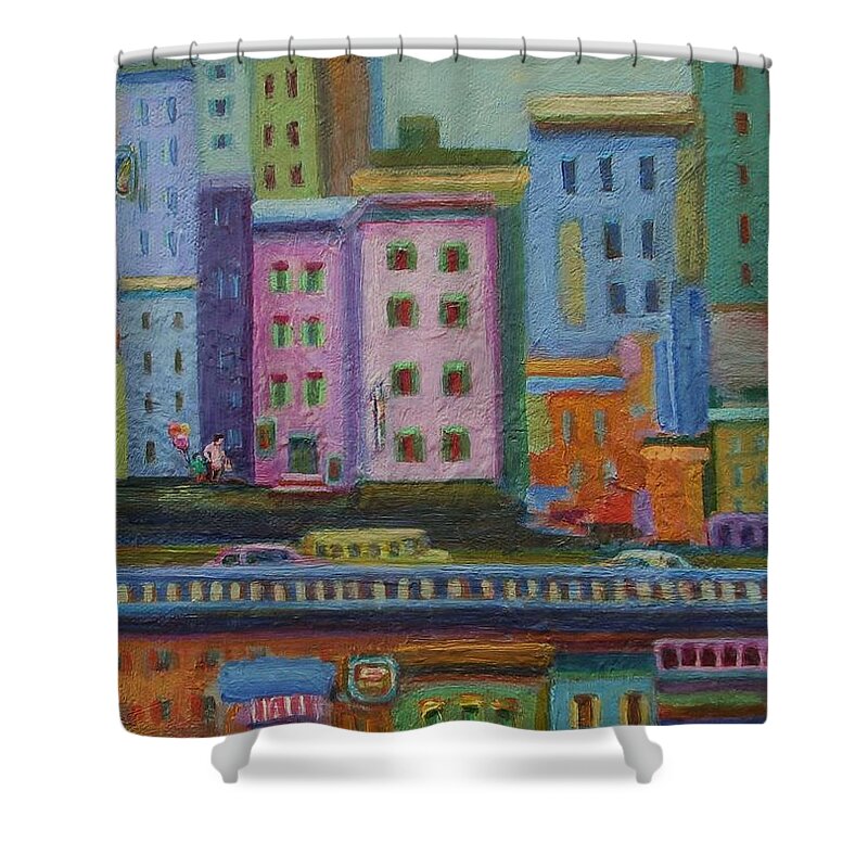 Cityscape Shower Curtain featuring the painting A Fine Day for Balloons by Mary Wolf