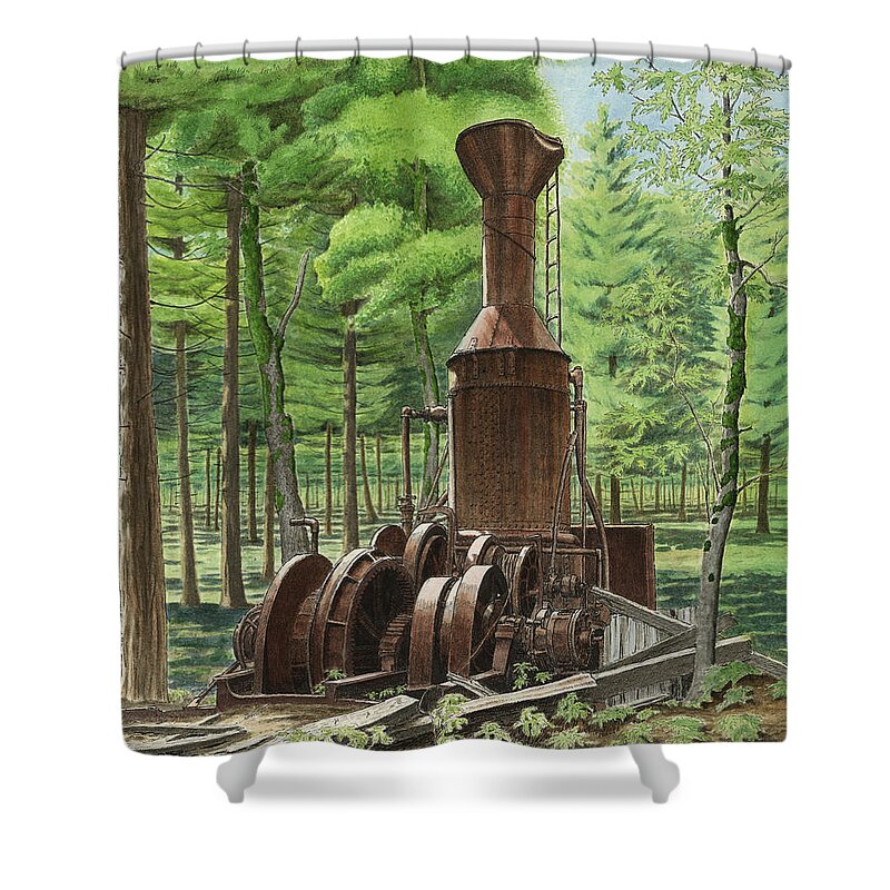 Willamette Steam Donkey Shower Curtain featuring the mixed media A Ghost in the Forest by Timothy Livingston