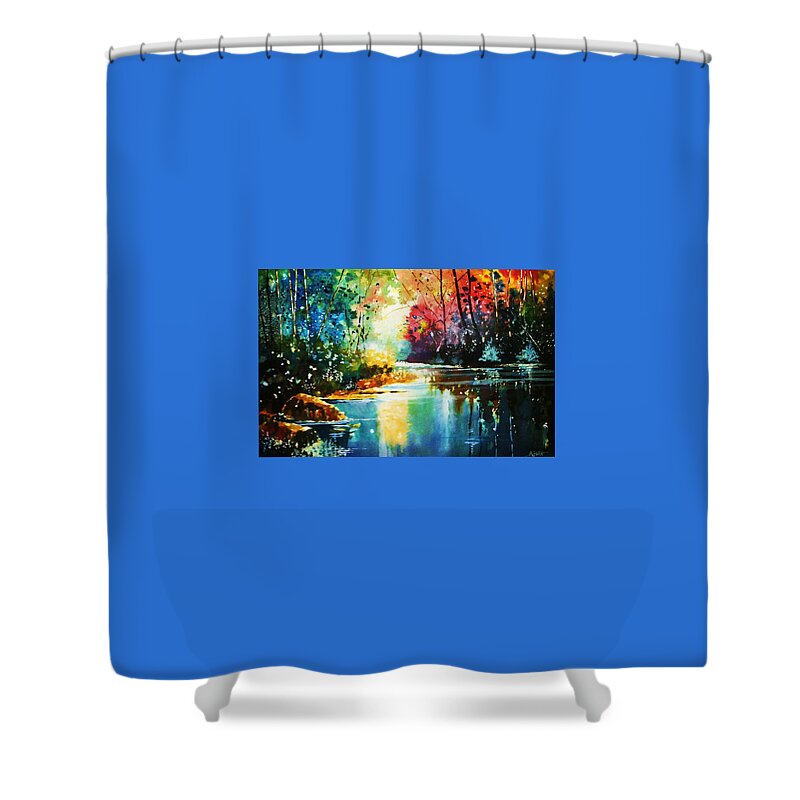 Landscapes Shower Curtain featuring the painting An Autumn Glow in the Forest by Al Brown