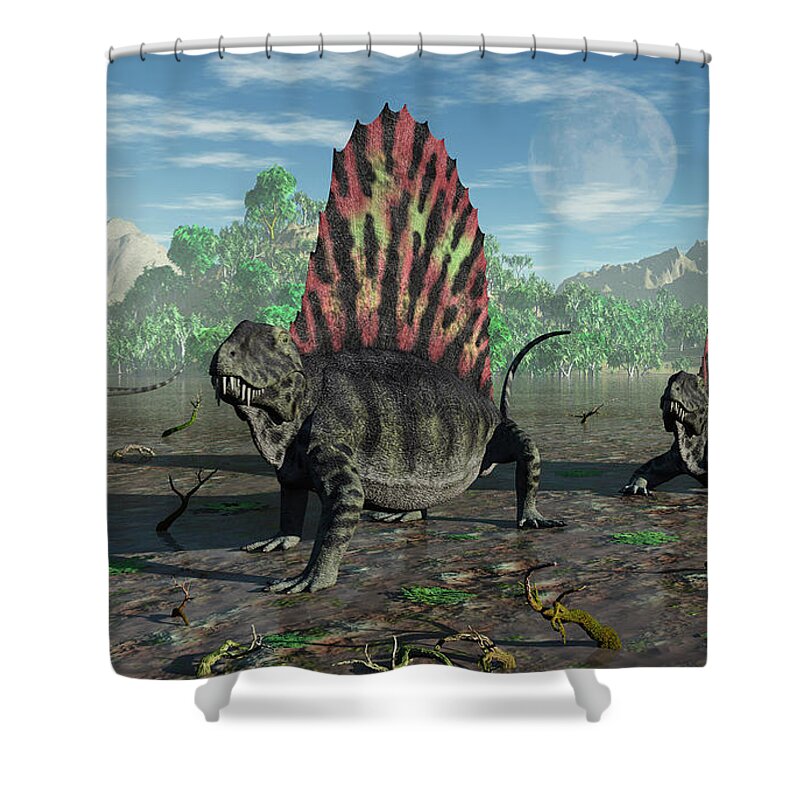 Horizontal Shower Curtain featuring the photograph A Group Of Sail-backed Dimetrodons by Mark Stevenson