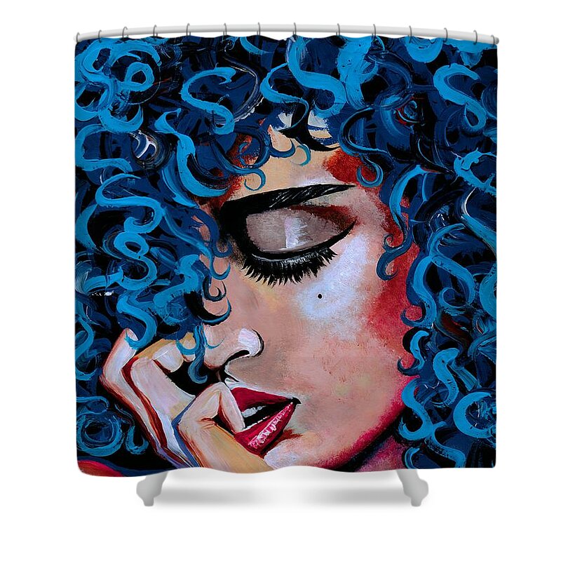 Model Shower Curtain featuring the photograph A Happy Woman is a Satisfied Woman by Artist RiA