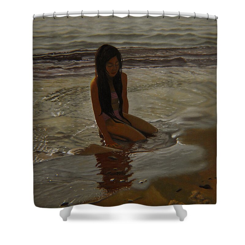 Children Paintings Shower Curtain featuring the painting A line between ocean and sand by Thu Nguyen