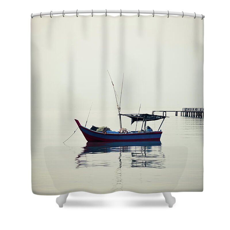 Tranquility Shower Curtain featuring the photograph A Lonely Boat by Ivan Hor