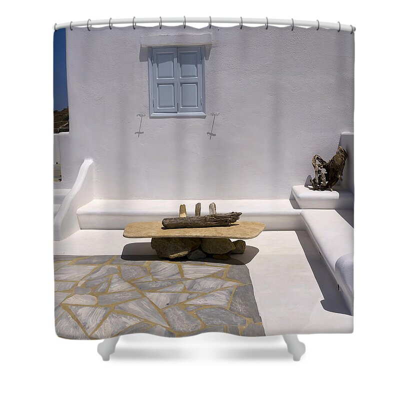 Mykonos Shower Curtain featuring the photograph A lovely quiet place to sit by Brenda Kean