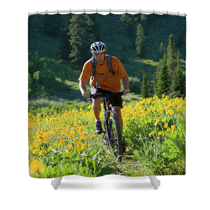 30-34 Years Shower Curtain featuring the photograph A Man Rides His Mountain Bike by Doug Marshall