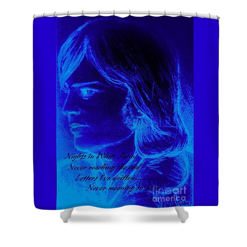 The Moody Blues Shower Curtain featuring the mixed media A Moody Blue by Joan-Violet Stretch