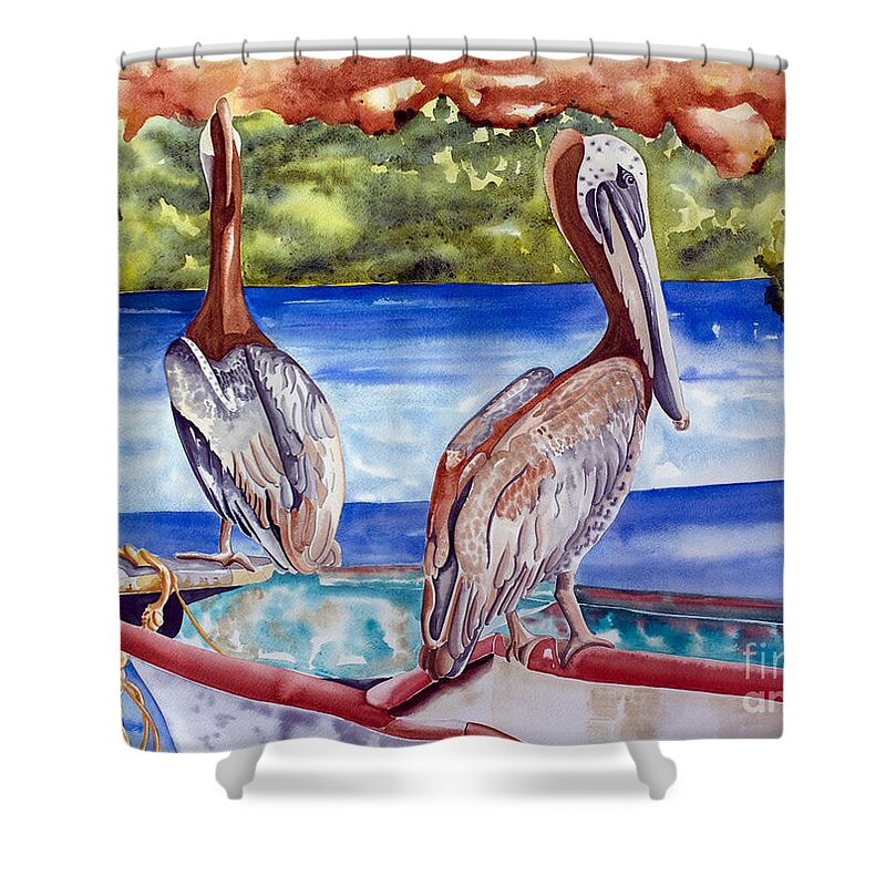 Pelican Shower Curtain featuring the painting A Pair of Pelicans by Kandyce Waltensperger