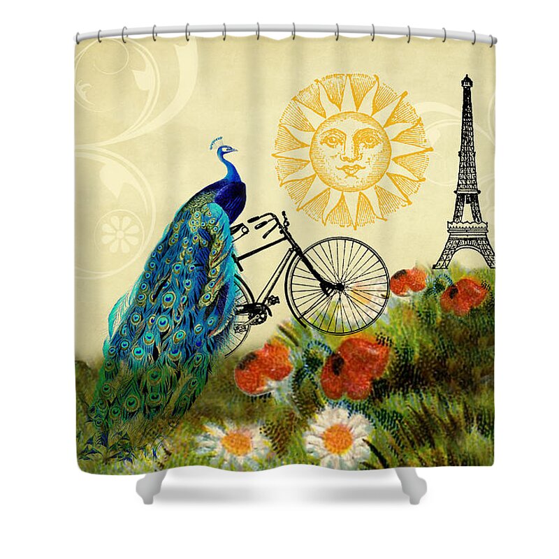 Peacocks Shower Curtain featuring the digital art A Peacock in Paris by Peggy Collins