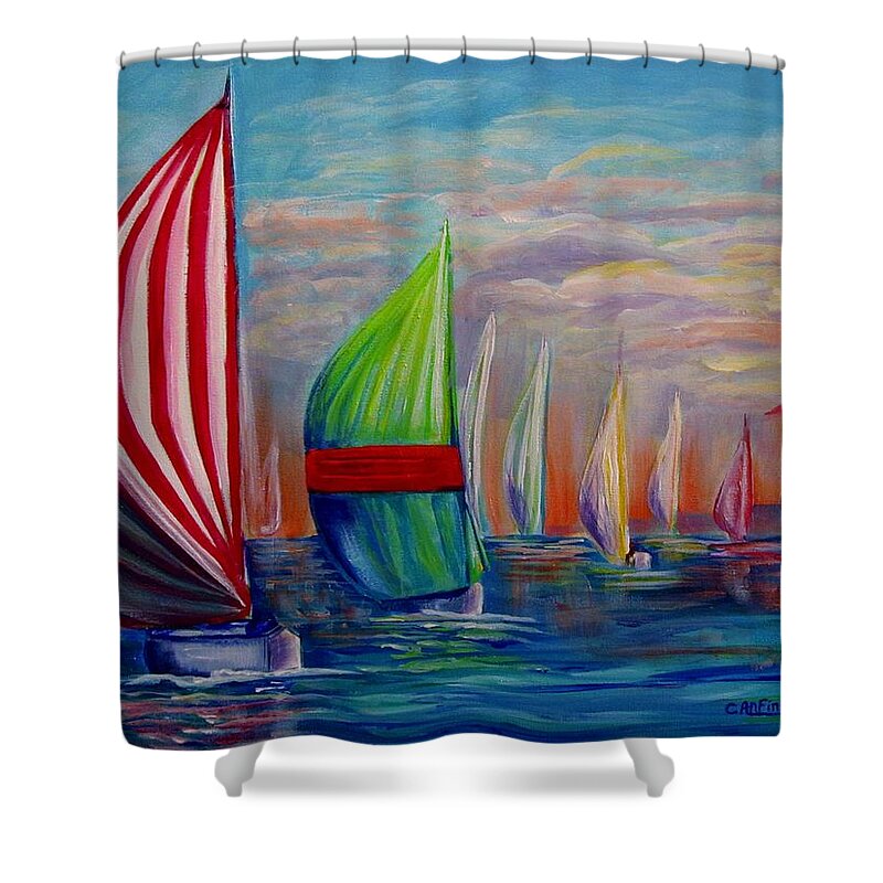 Regatta Shower Curtain featuring the painting A Perfect Ending by Carol Allen Anfinsen