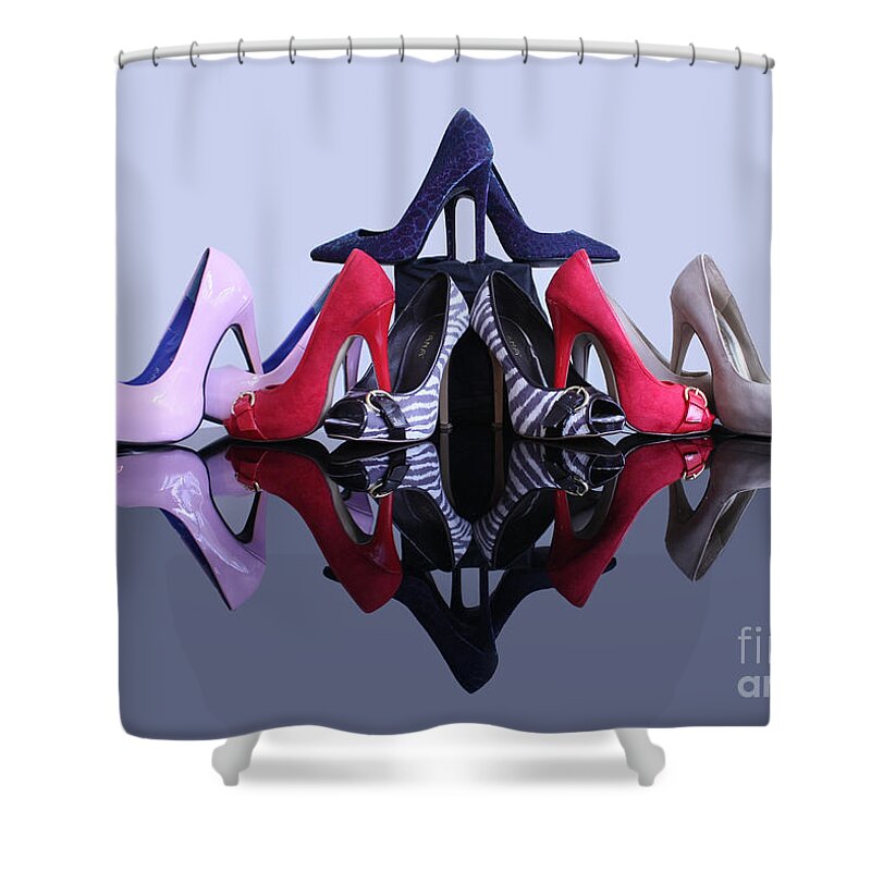 Stiletto High Heeled Shoes Shower Curtain featuring the photograph A Pyramid of Shoes by Terri Waters