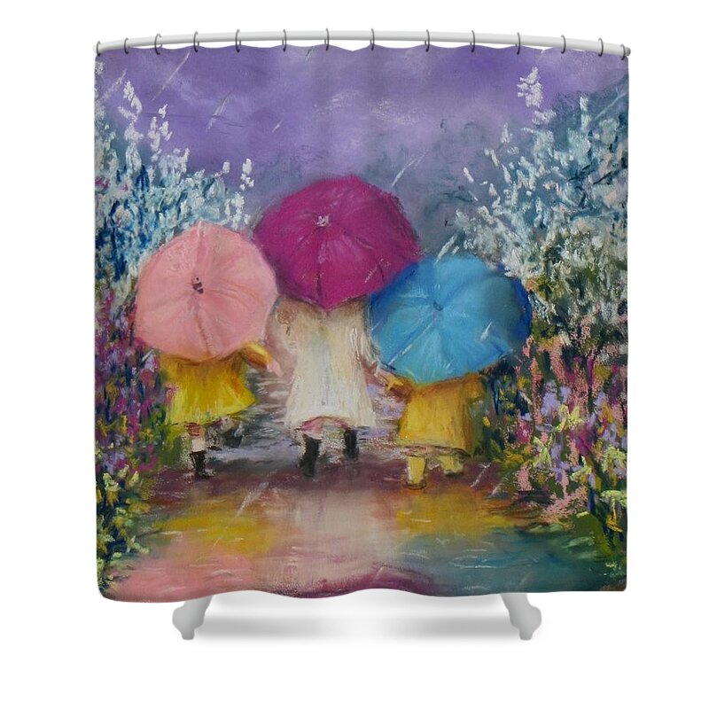 Rainy Shower Curtain featuring the painting A Rainy Day Stroll with Mom by Jack Skinner