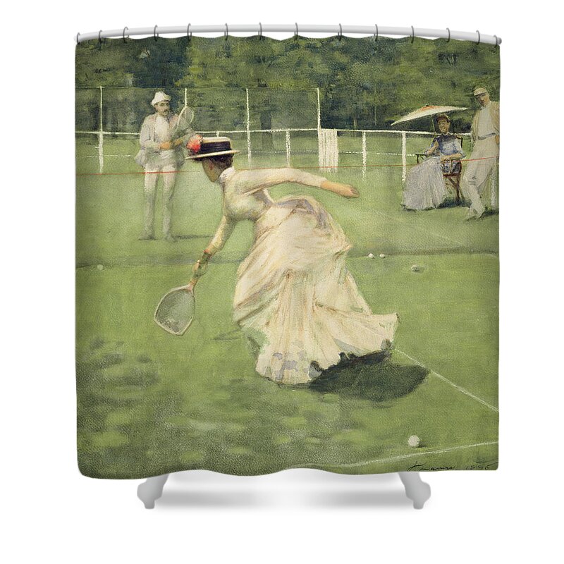 Tennis Game Shower Curtain featuring the drawing A Rally, 1885 by John Lavery