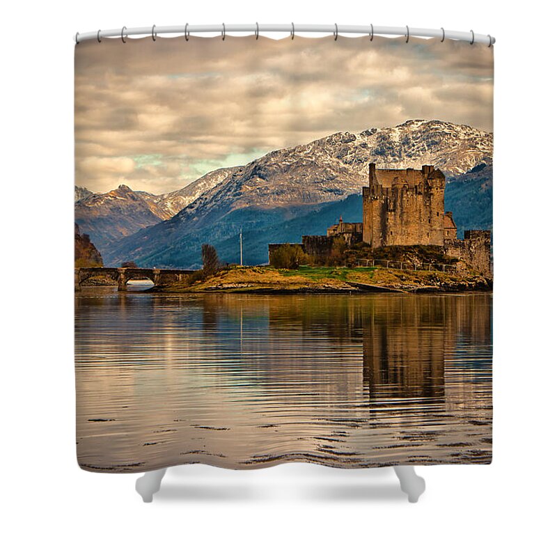 Scotland Shower Curtain featuring the photograph A reflection at Eilean Donan Castle by Chris Boulton