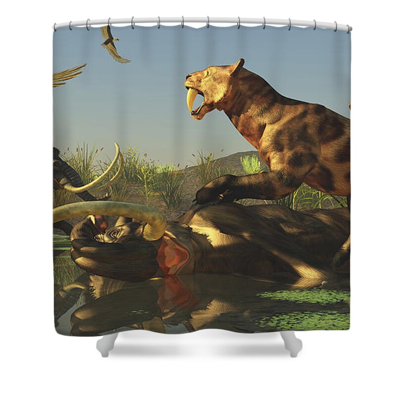 Smilodon Shower Curtain featuring the digital art A Saber Tooth Cat Attacks A Woolly by Corey Ford