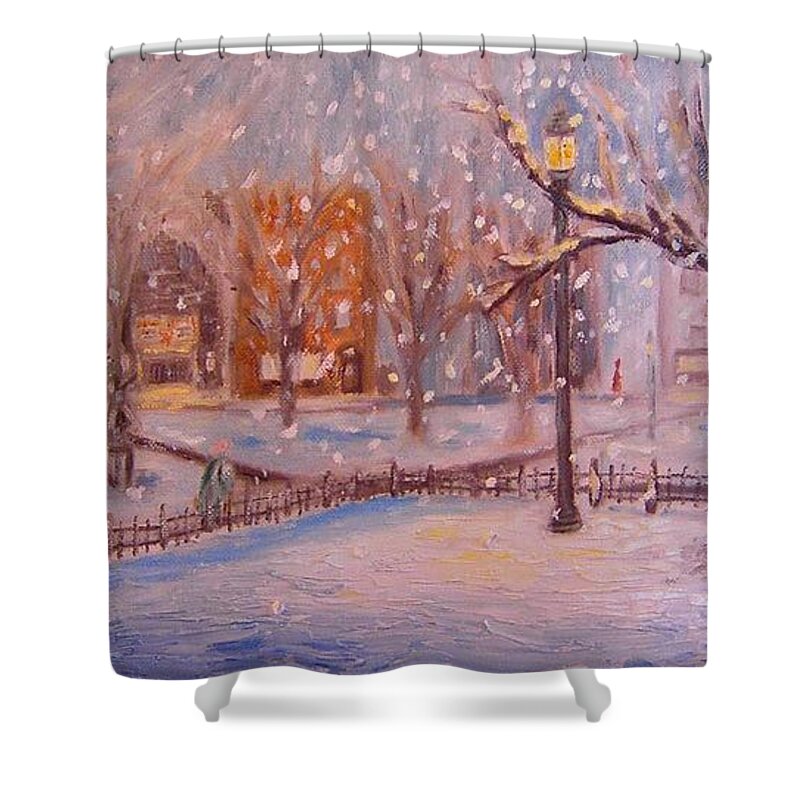 Snow Shower Curtain featuring the painting A short cut through the park by Daniel W Green