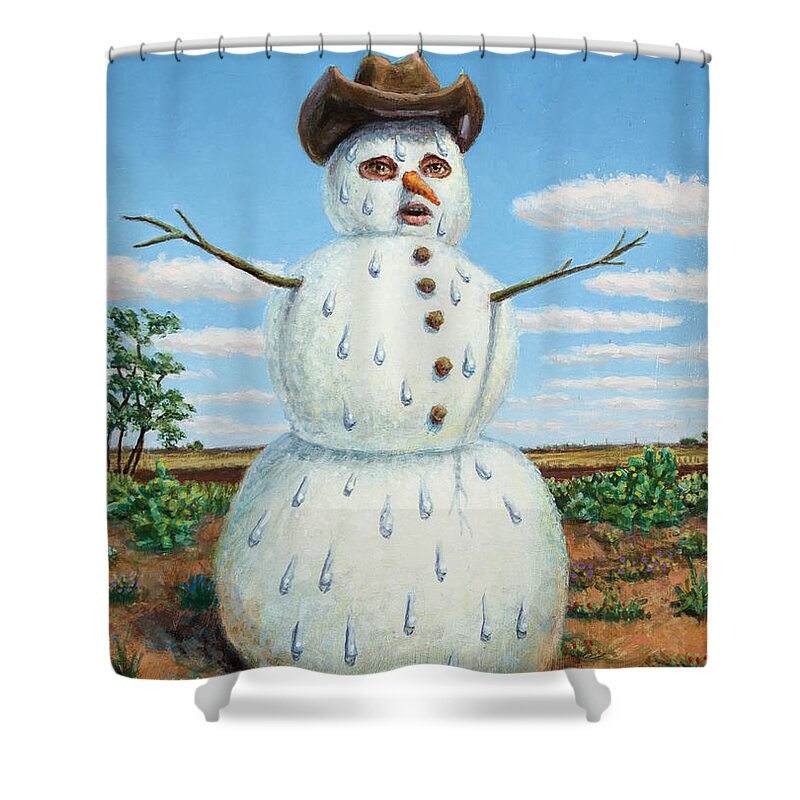 Snowman Shower Curtain featuring the painting A Snowman in Texas by James W Johnson