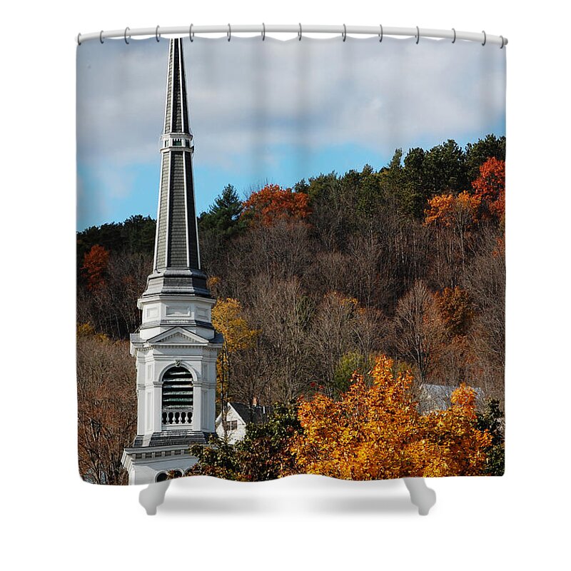 Montpelier Shower Curtain featuring the photograph A Vermont Church by Darin Volpe