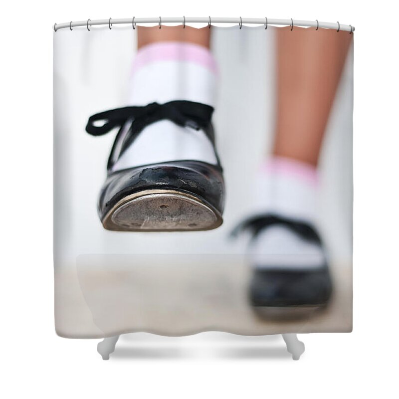 Black Shower Curtain featuring the photograph Old Tap dance shoes from dance academy - A step forward tap dance by Pedro Cardona Llambias