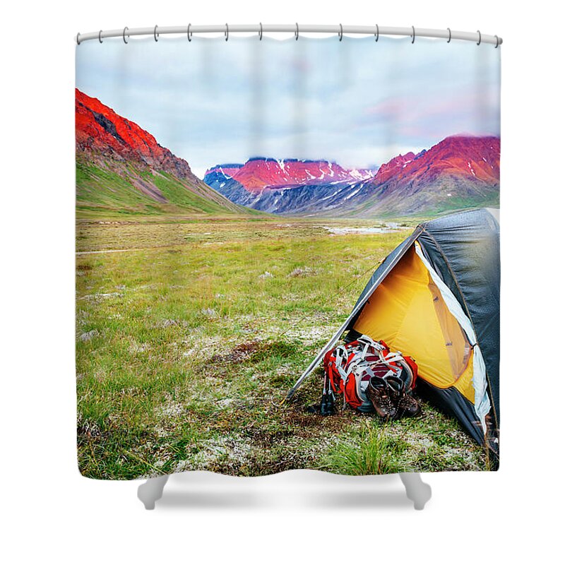 Color Image Shower Curtain featuring the photograph A Tent And Backpack At Sunset In Lake by Andrew Peacock