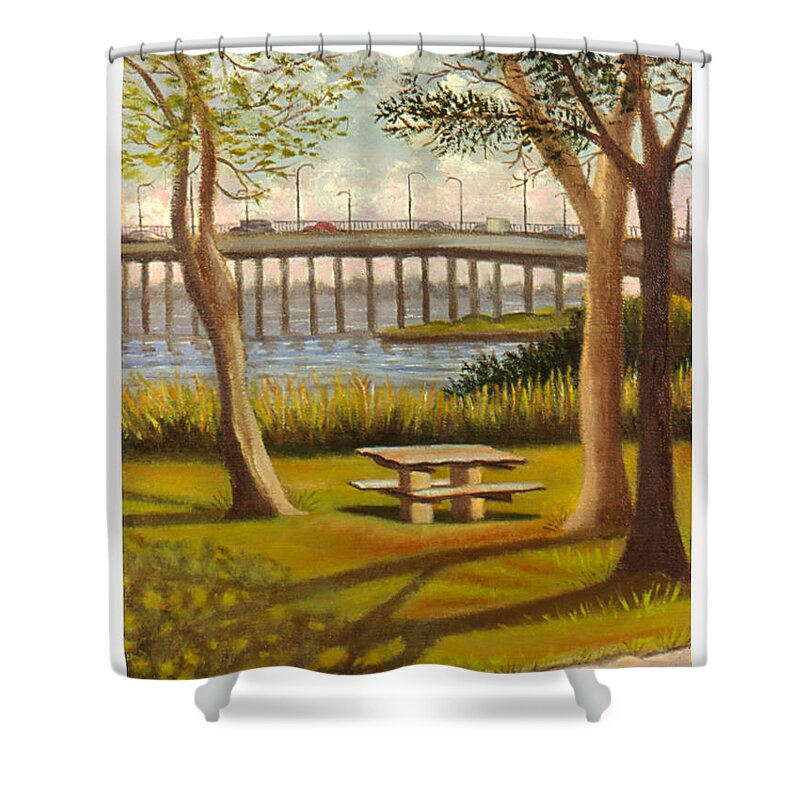 Landscape Shower Curtain featuring the painting A View of Crossbay Bridge by Madeline Lovallo