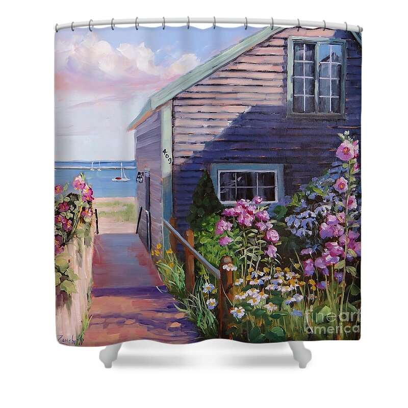 Laura Zanghetti Shower Curtain featuring the painting A Visit to P Town Two by Laura Lee Zanghetti