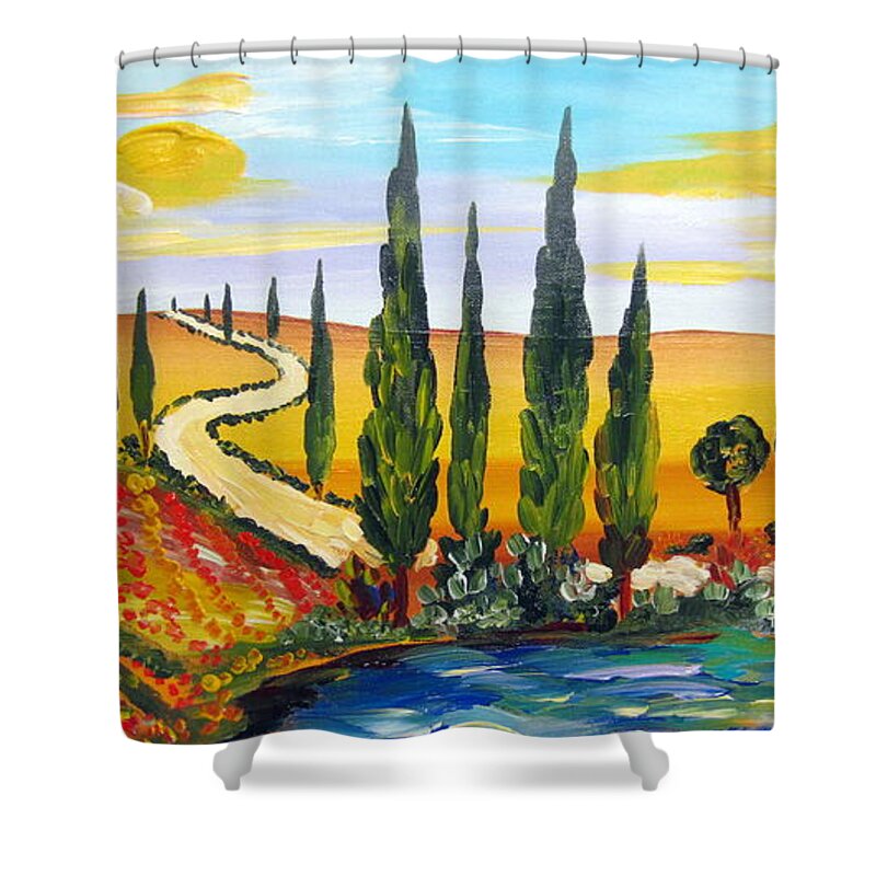 Tuscan Summer Shower Curtain featuring the painting A warm day under the Tuscan Sun by Roberto Gagliardi