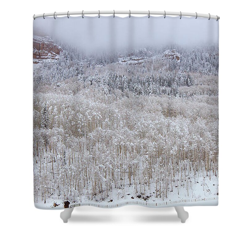  River Shower Curtain featuring the photograph A Winter Cabin by Darren White