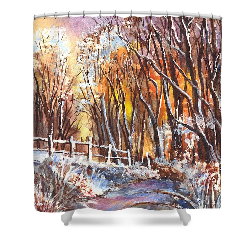 Sunset Shower Curtain featuring the painting A Firey Winter Sunset by Carol Wisniewski