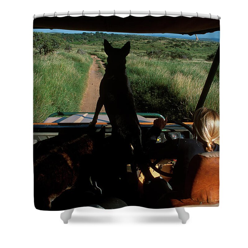 Color Image Shower Curtain featuring the photograph A Woman Sits In Her Safari Jeep by David McLain