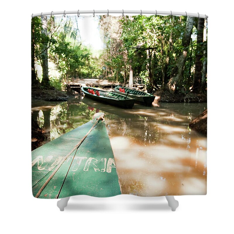 Adventure Shower Curtain featuring the photograph A Wooden Canoe Made Of Eucalyptus Tree by R. Tyler Gross