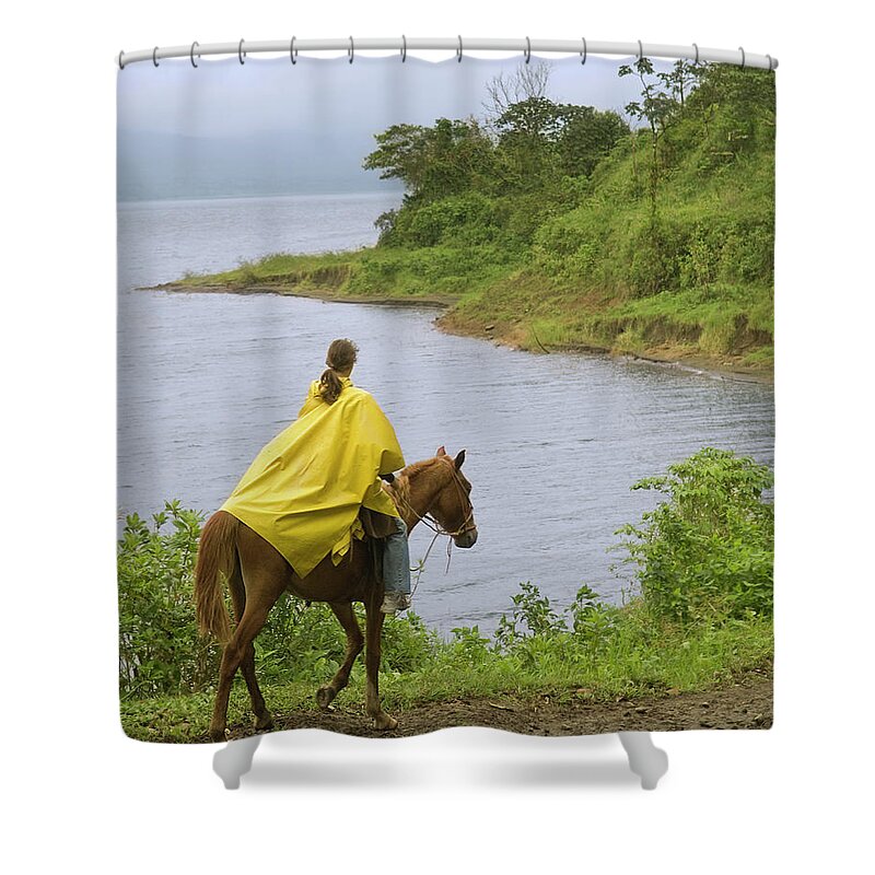 Adult Shower Curtain featuring the photograph A Young Woman Rides A Horse Next by Lacey Ann Johnson