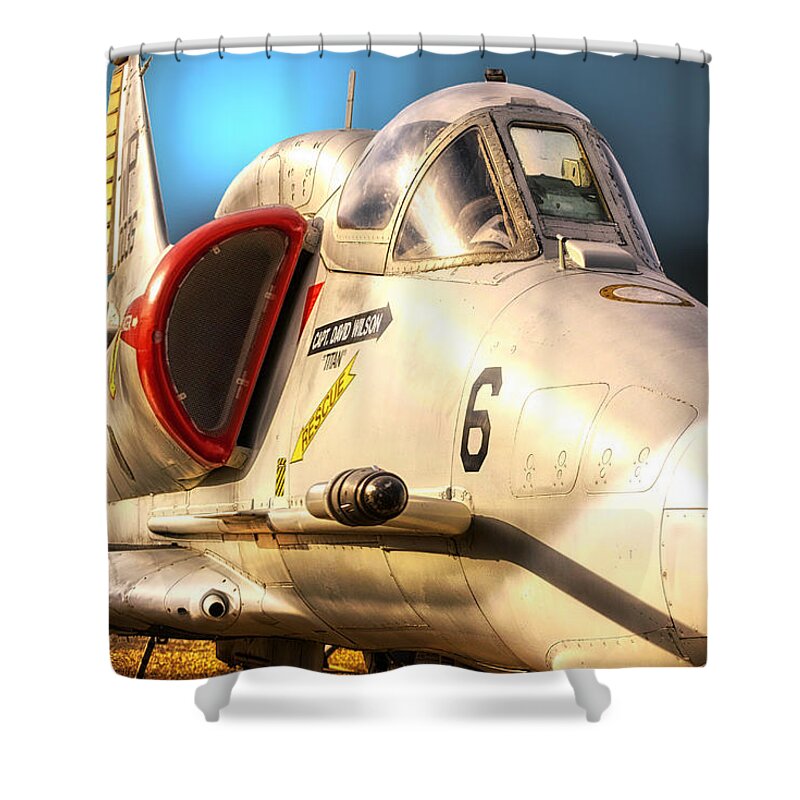 War Planes Shower Curtain featuring the photograph A4 SkyHawk Attack Jet by Thomas Woolworth