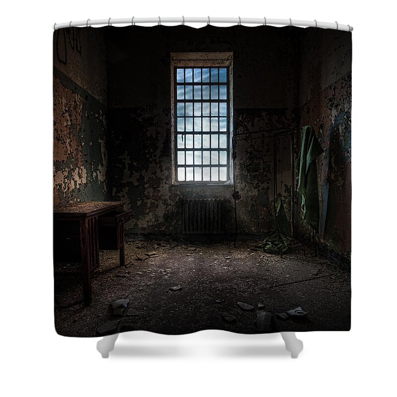 Windows Shower Curtain featuring the photograph Abandoned Building - Old Room - Room with a desk by Gary Heller