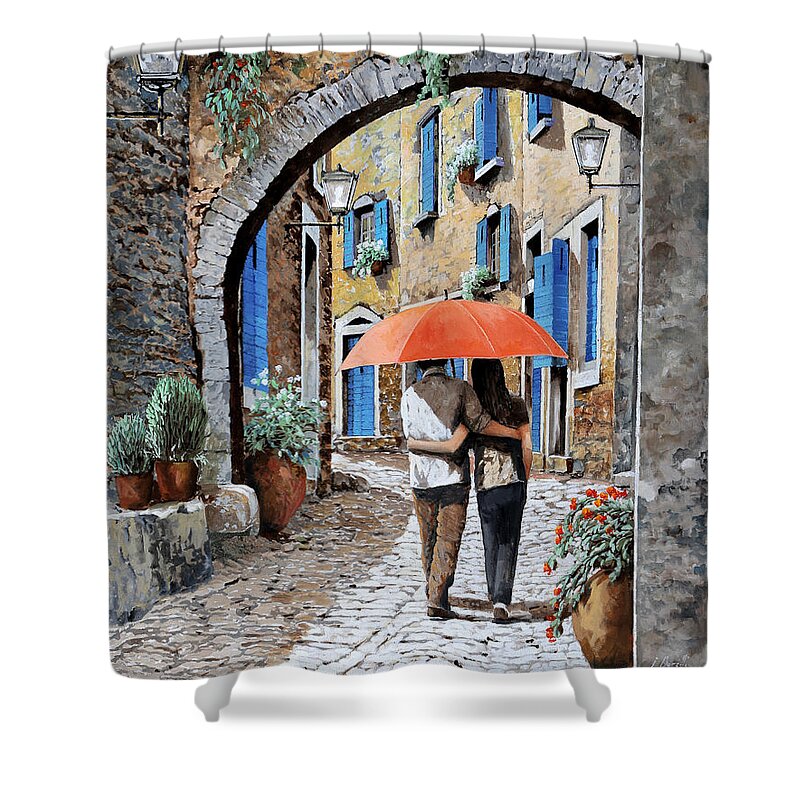 Street Scene Shower Curtain featuring the painting Teneramente Abbracciati Sotto L'ombrello by Guido Borelli