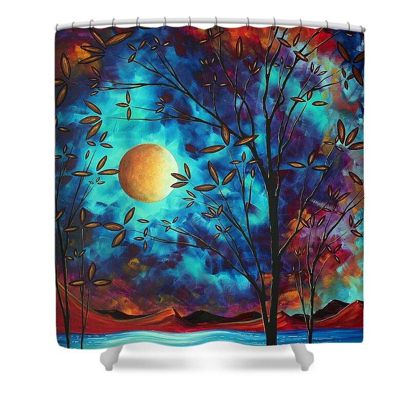 Abstract Shower Curtain featuring the painting Abstract Art Landscape Tree Blossoms Sea Moon Painting VISIONARY DELIGHT by MADART by Megan Aroon