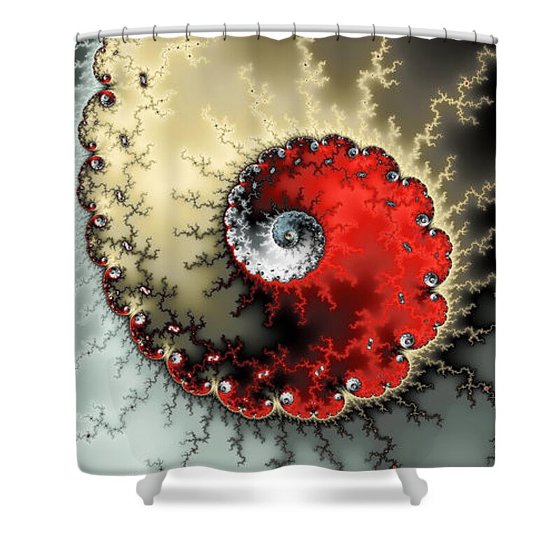 Red Shower Curtain featuring the digital art Abstract fractal spiral art red yellow grey by Matthias Hauser