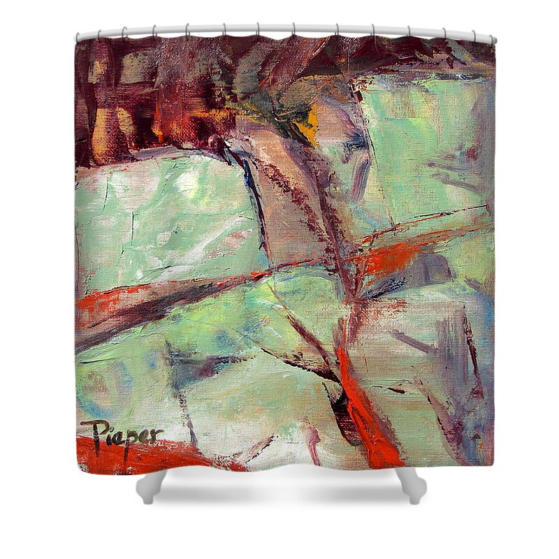 Green And Brown And Red Oil Painting Shower Curtain featuring the painting Abstract with Cadmium Red by Betty Pieper