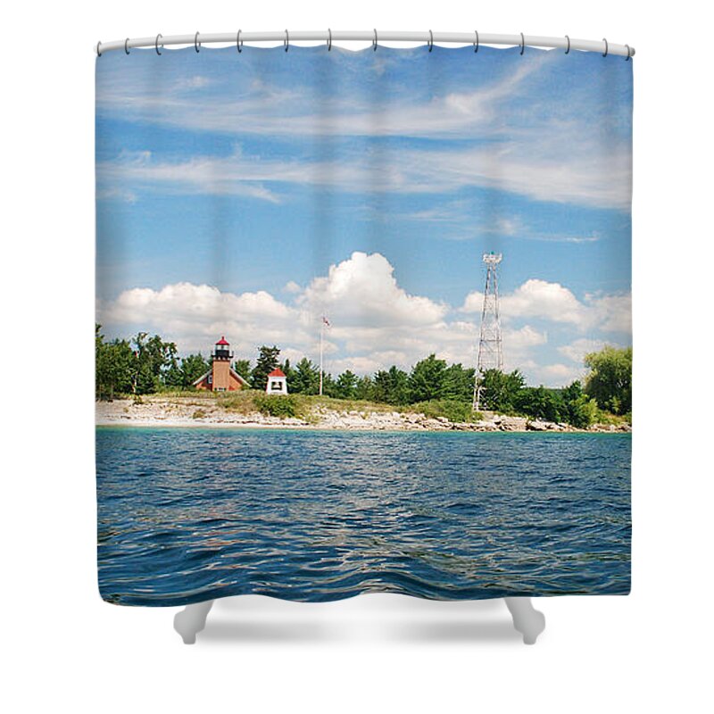 Little Traverse Lighthouse Shower Curtain featuring the photograph Across The Bay To The Light by Janice Adomeit